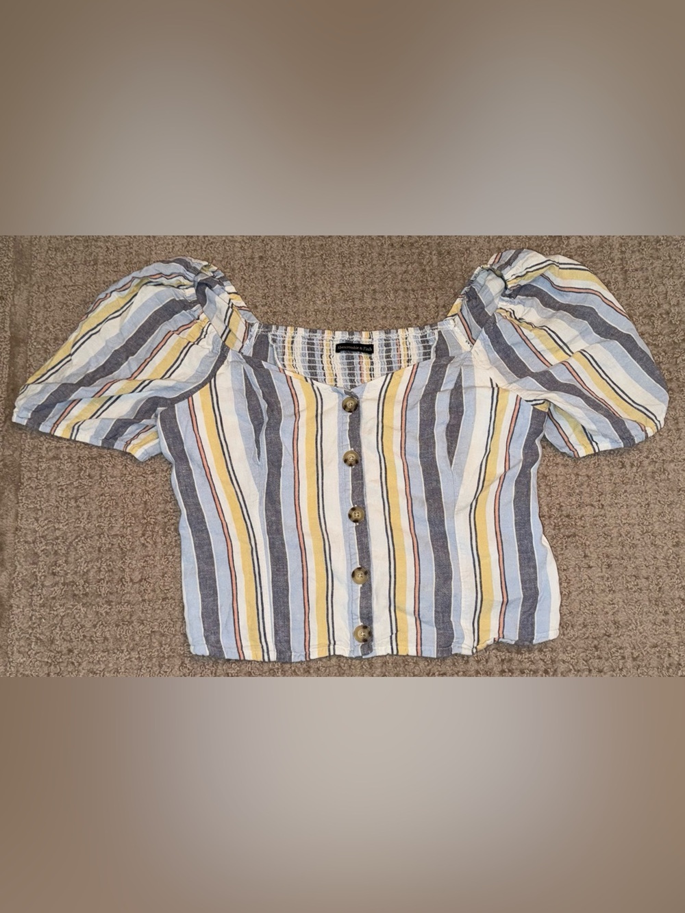Abercrombie & Fitch XL Striped Linen Blend Puff Sleeve faux Button Crop Top